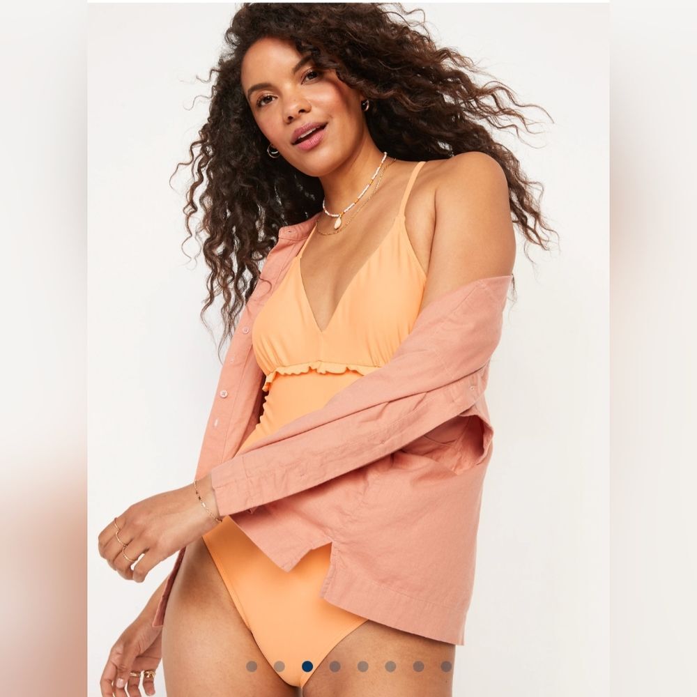 V-Neck Ruffle-Trim Cutout One-Piece Swimsuit in Mango Sorbet - Old Navy (M + 2X) - Picture 8 of 16